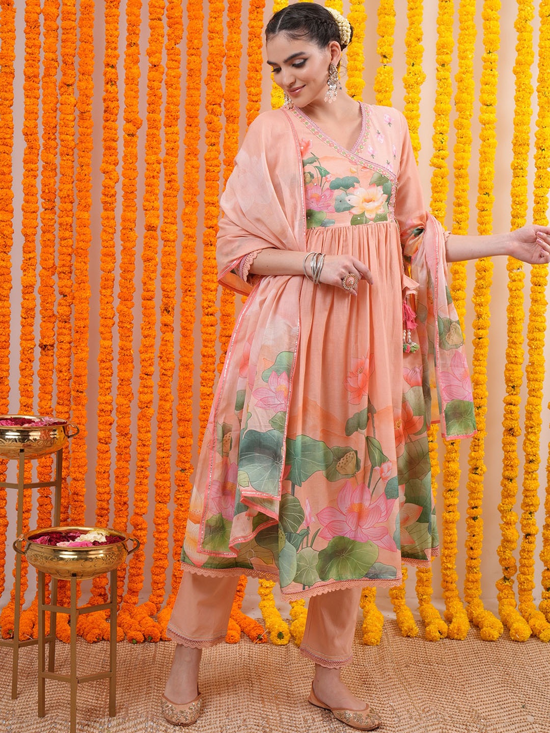 

Vishudh Peach-Coloured Floral Printed Pure Cotton Anarkali Kurta & Trousers With Dupatta