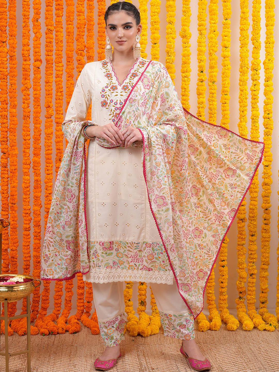 

Vishudh Off White Floral Embroidered Pure Cotton Straight Kurta & Trousers With Dupatta