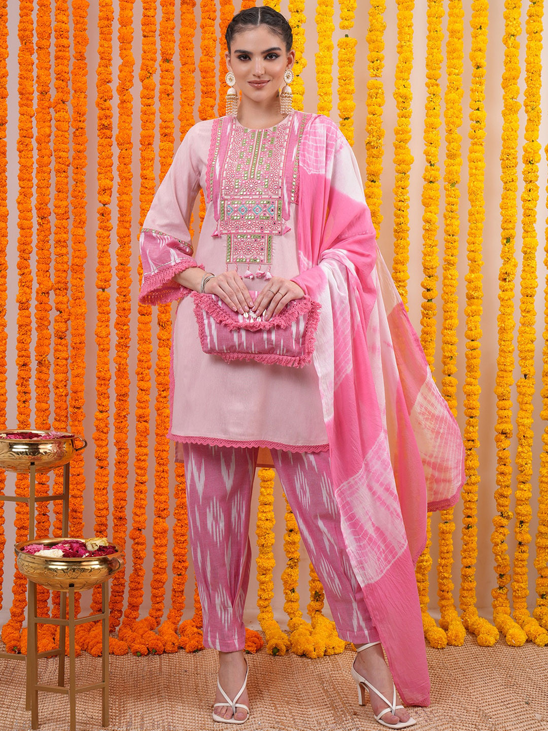 

Vishudh Pink Ethnic Motifs Yoke Design Pure Cotton Straight Kurta & Trousers With Dupatta