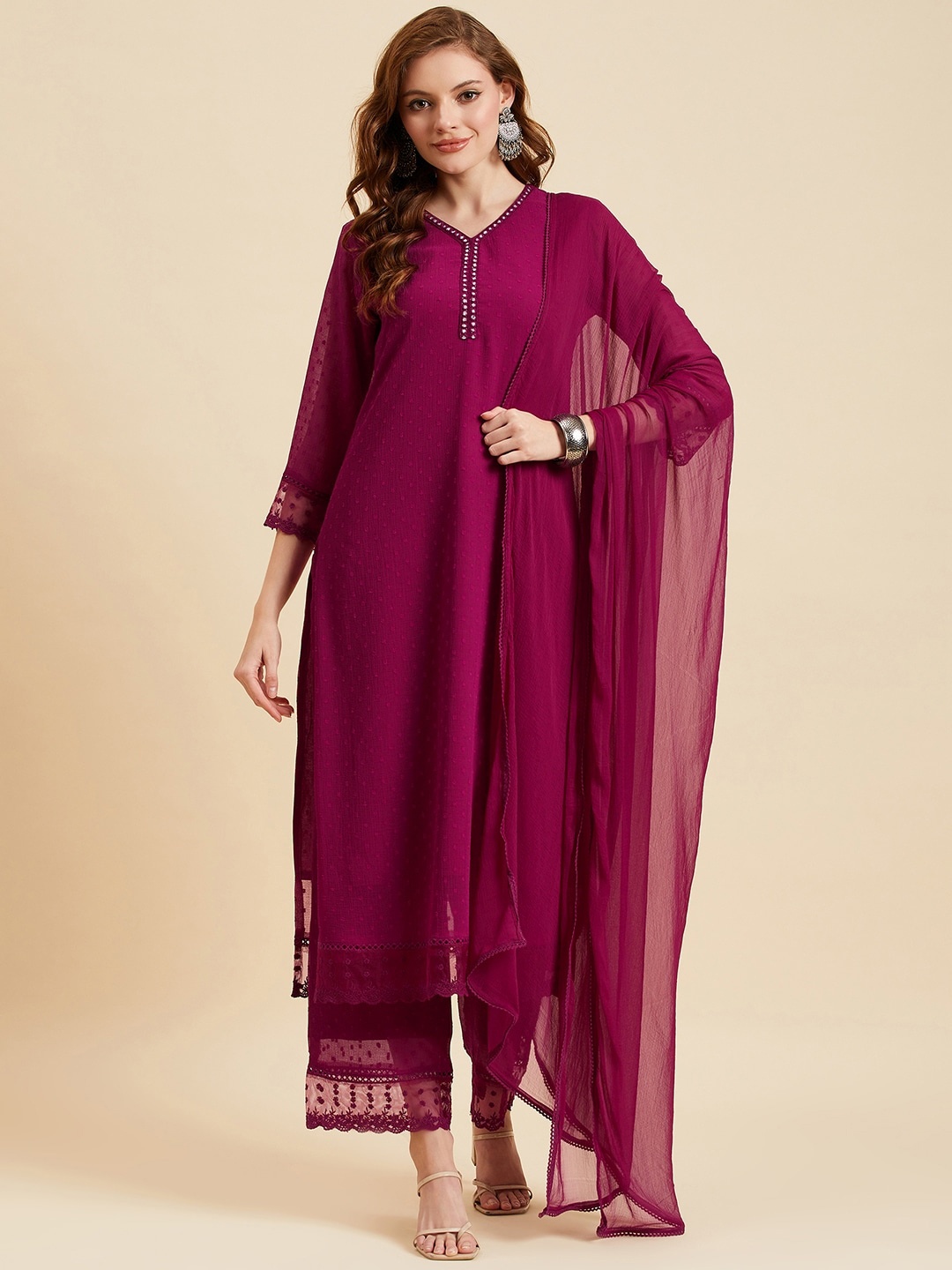 

Azira Maroon Woven Design V-Neck Georgette Straight Kurta with Palazzos & Dupatta