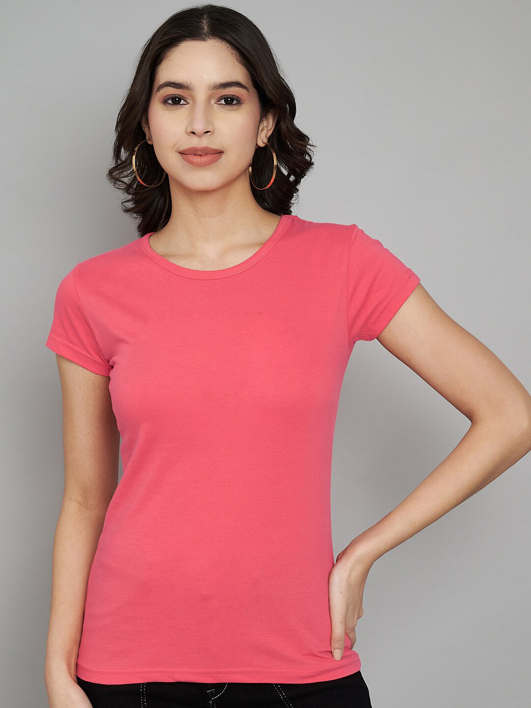 

Trend Level Round Neck Short Sleeves Cotton Regular Fit T-shirt, Peach
