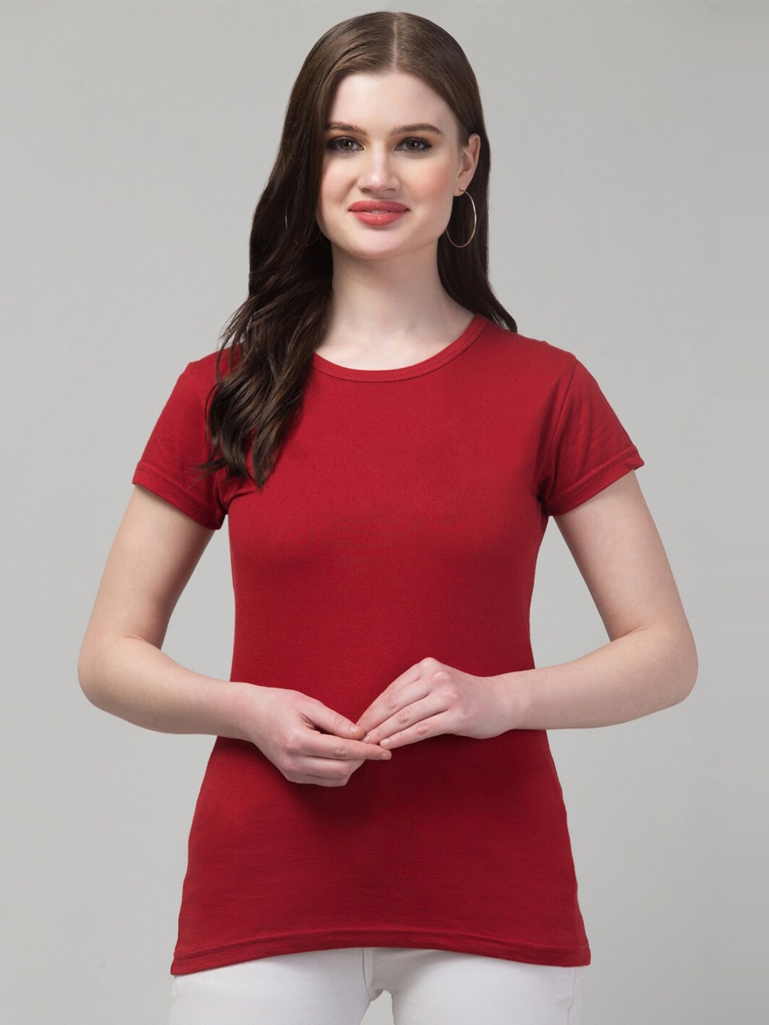 

Trend Level Round Neck Short Sleeves Cotton Top, Maroon