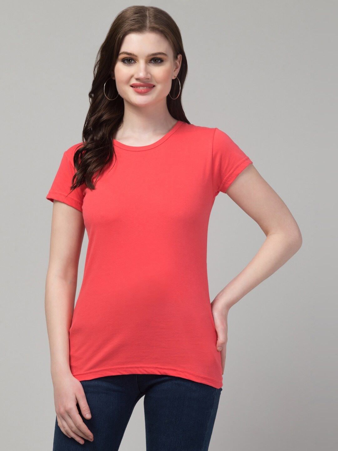 

Trend Level Round Neck Short Sleeves Cotton Top, Peach