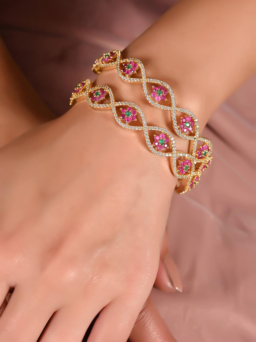 

RATNAVALI JEWELS Set Of 2 Gold Plated American Diamond Studded Bangles