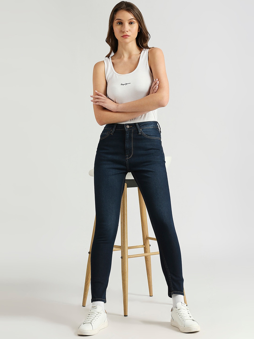 

Pepe Jeans Women Skinny Fit High-Rise Stretchable Jeans, Blue