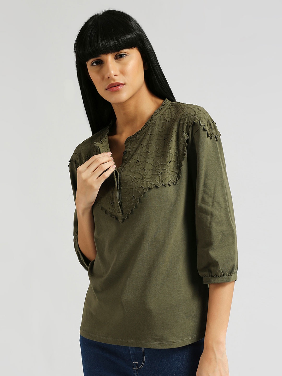 

Pepe Jeans Round Neck Puff Sleeves Cotton Top, Green