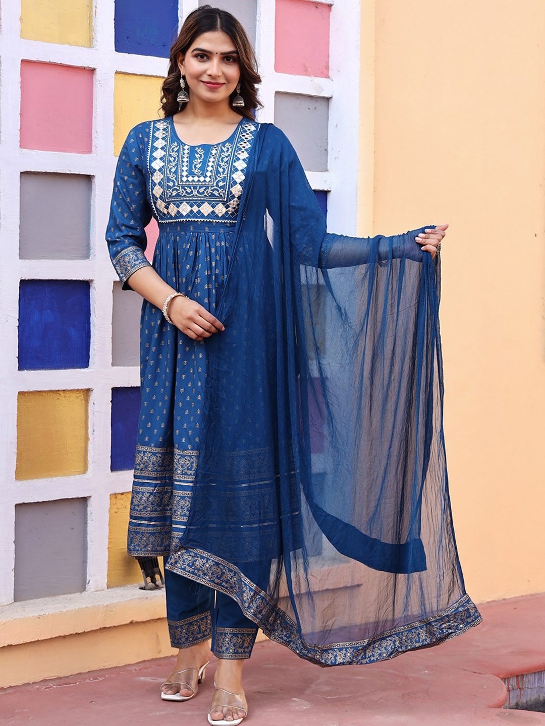 

Misti Exim Ethnic Motifs Printed Empire Mirror Work Kurta with Trousers & With Dupatta, Blue