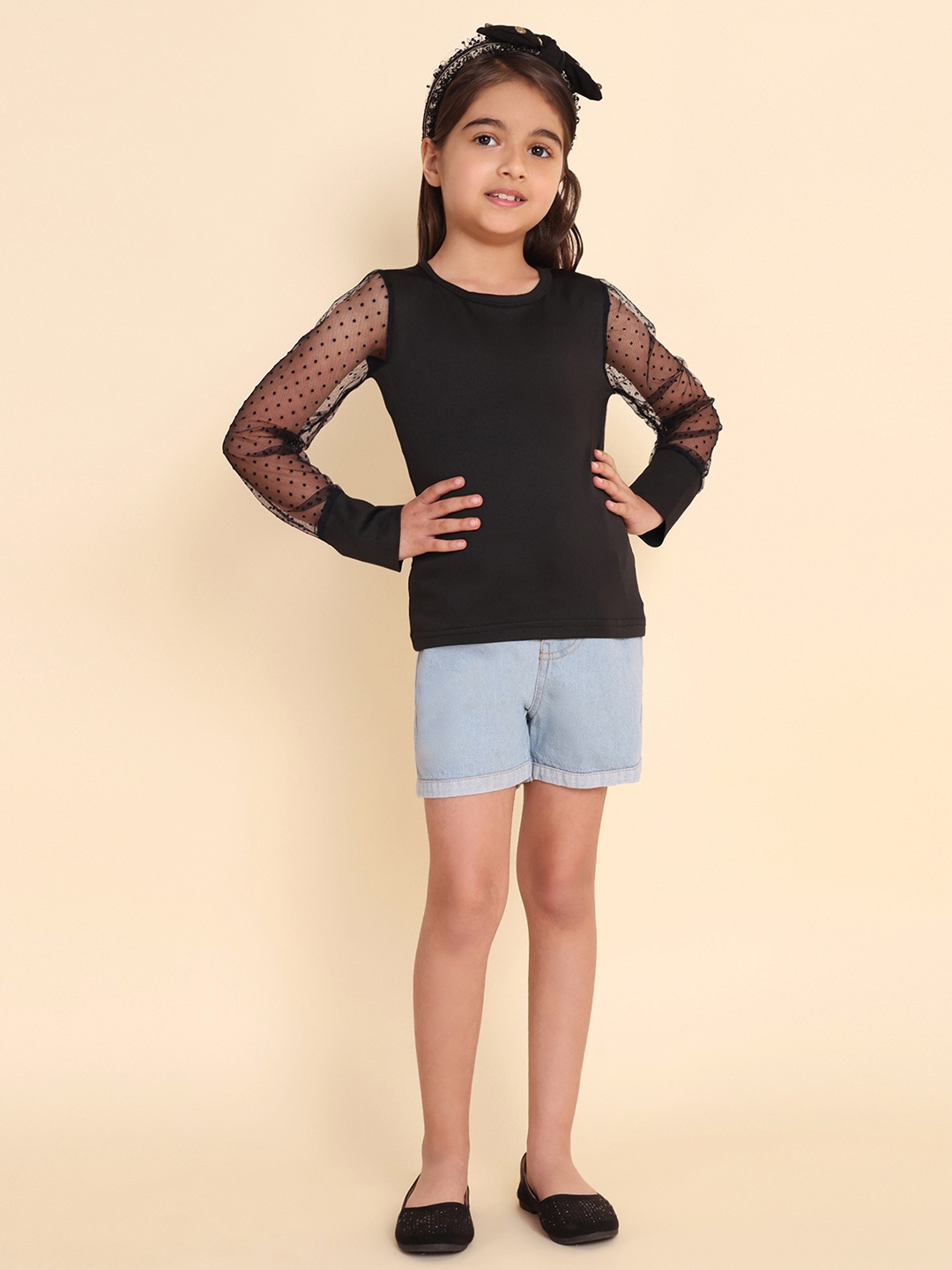 

HERE&NOW Girls Round Neck Long Sleeves Pure Cotton Top with Denim Shorts, Black