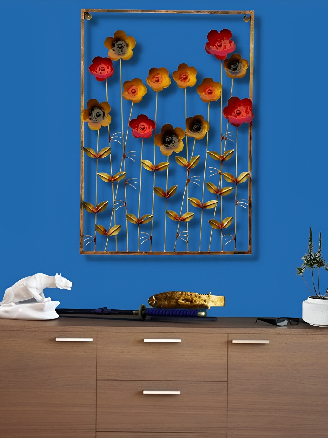 

PRANJALS HOUSE Yellow & Orange Metal Flower Frame Hangings Wall Decor, Gold