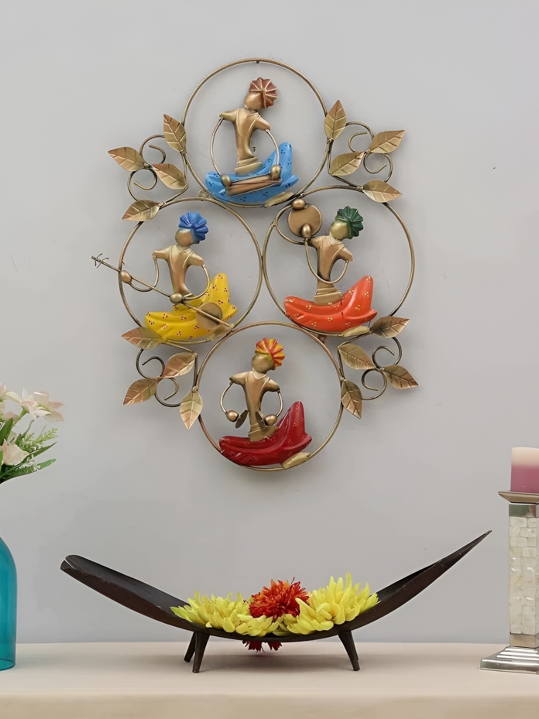 

PRANJALS HOUSE Yellow & Blue Marwari Music Metal Hangings Wall Decor, Gold