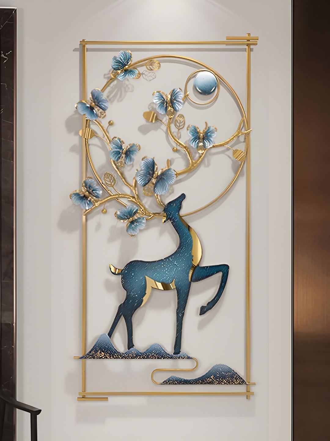 

PRANJALS HOUSE Blue & Yellow Deer And Butterfly Metal Hangings Wall Decor, Gold