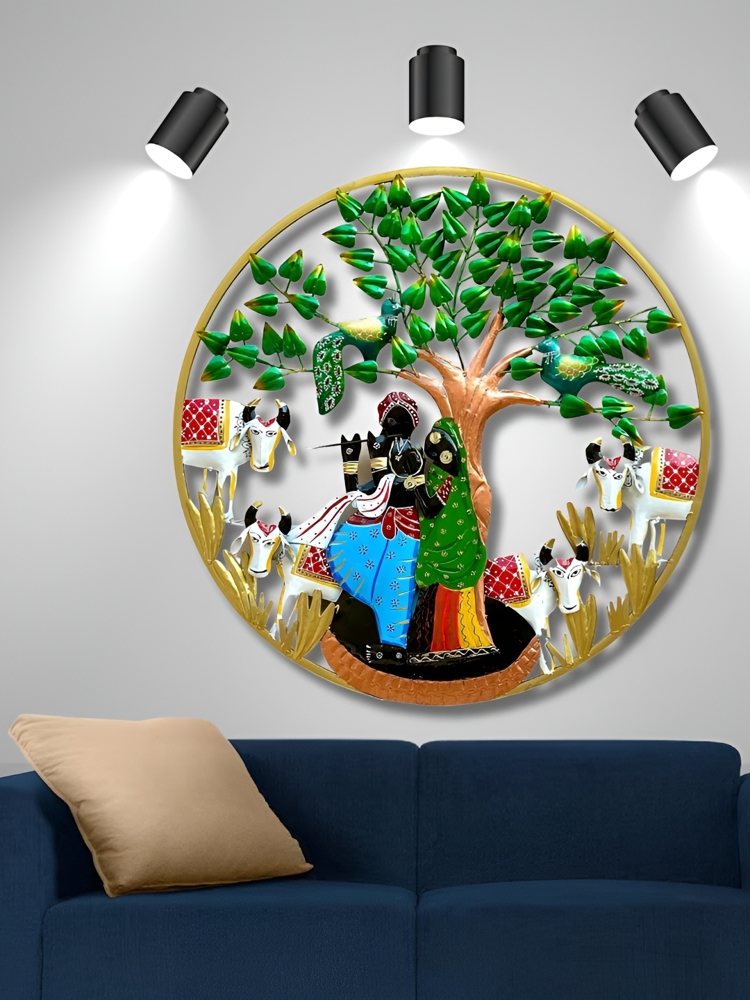 

PRANJALS HOUSE Green & Blue Radha Krishna Cow With Led Light Hanging Wall Decor