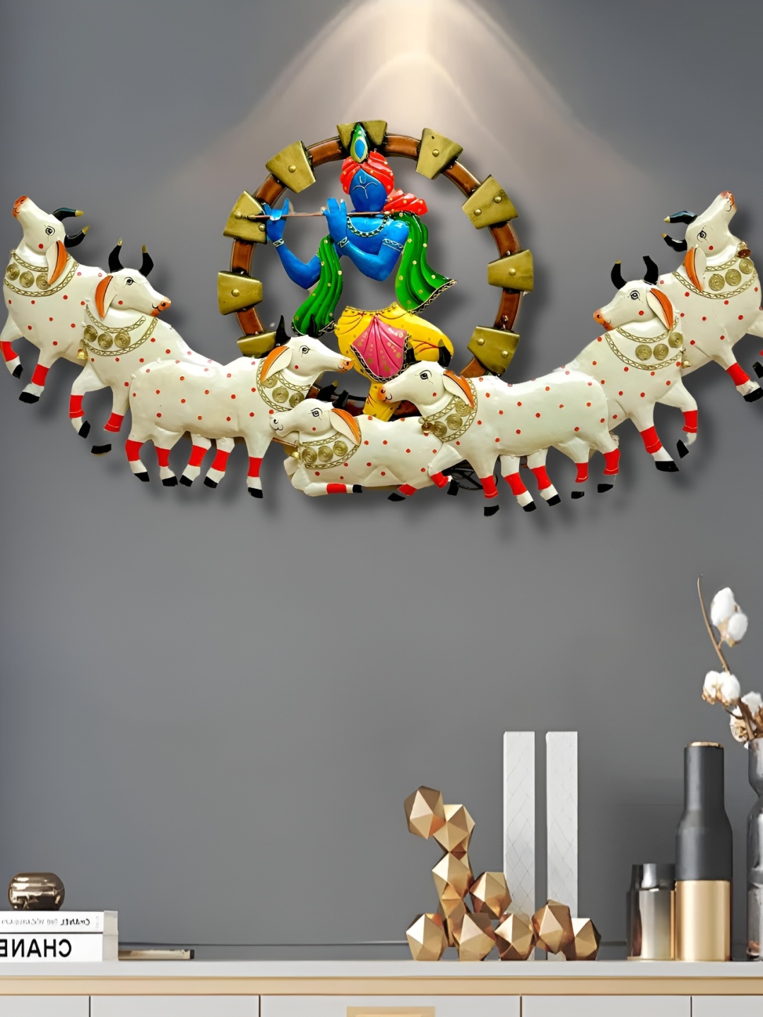 

PRANJALS HOUSE White & Peach Krishna Playing Basuri With Cow Hanging Wall Decor