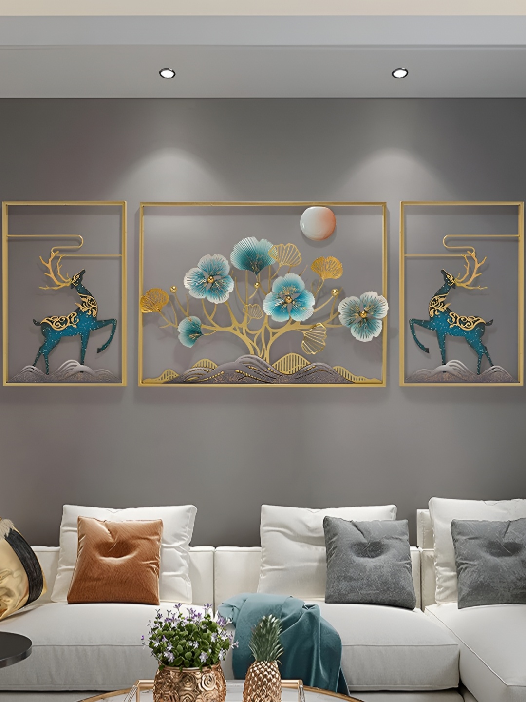

PRANJALS HOUSE 3 Pieces Blue & White Metal Deer Frame Wall Decor, Gold