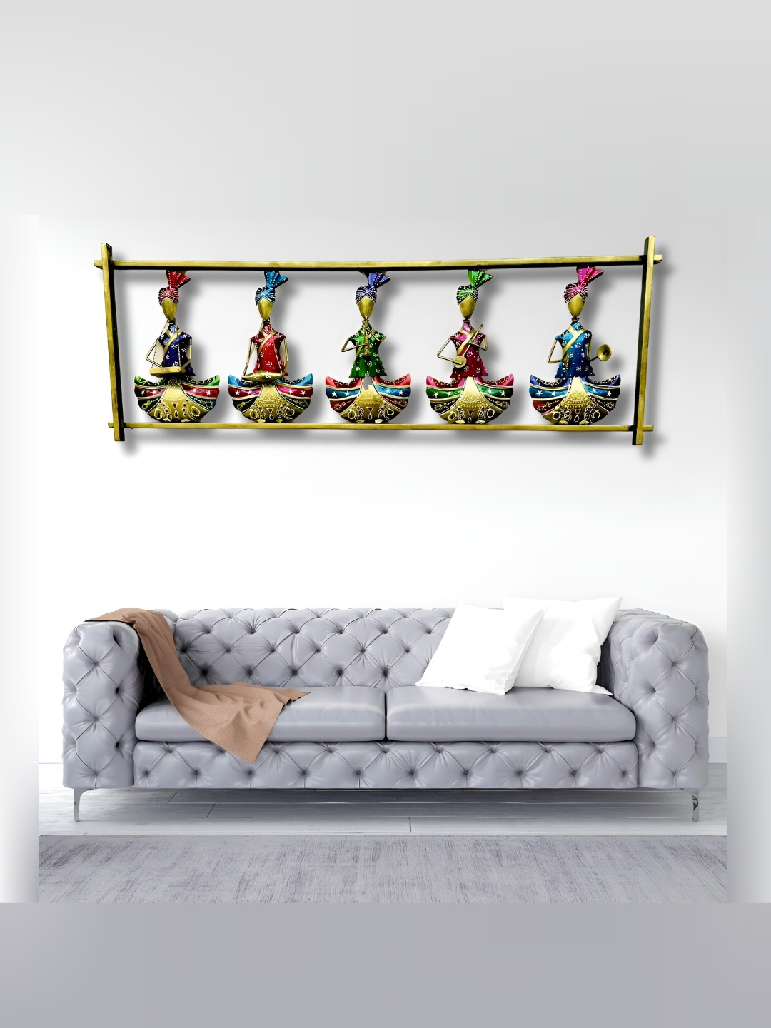 

PRANJALS HOUSE Yellow & Red 5 Musicians Dolls Metal Hangings Wall Decor, Gold