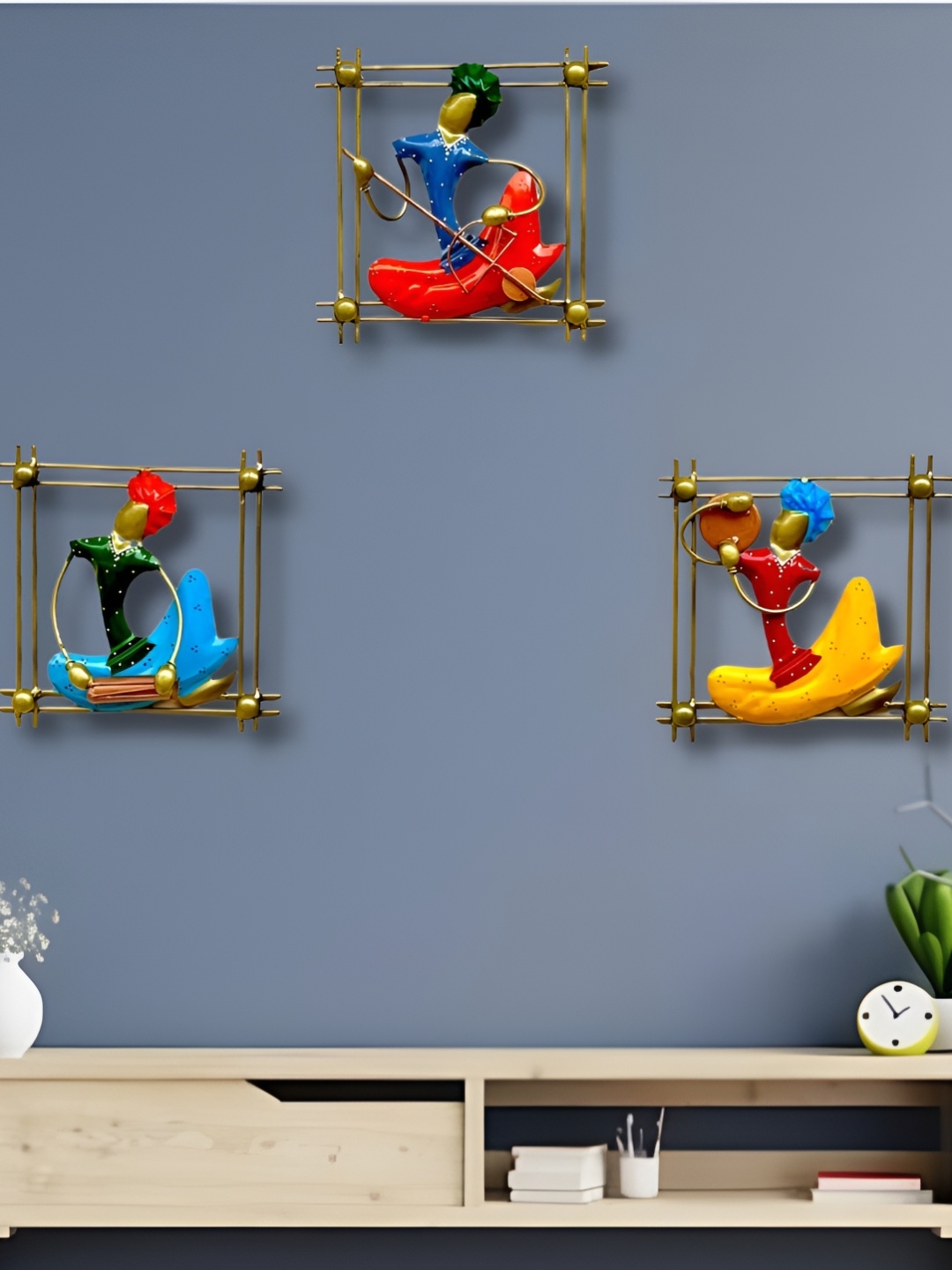 

PRANJALS HOUSE Red & Yellow 3 Pieces Metal Musician Frame Wall Decor, Gold
