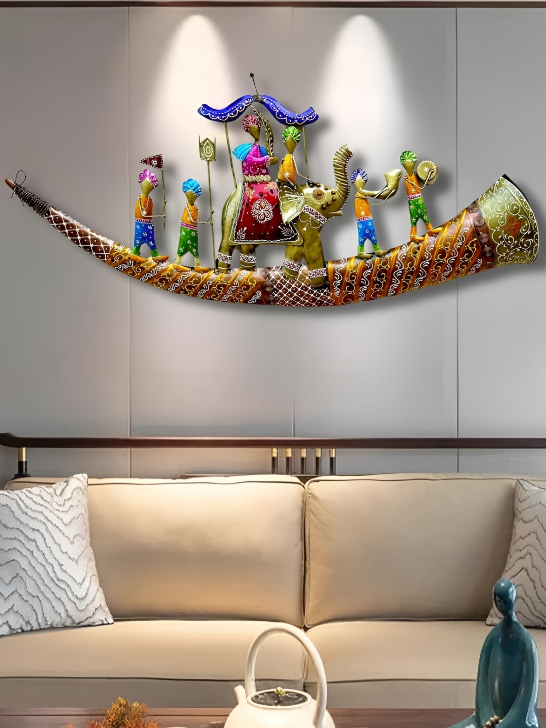 

PRANJALS HOUSE Blue & Pink Rajasthani Royal Baarat with LED Metal Wall Decor, Gold