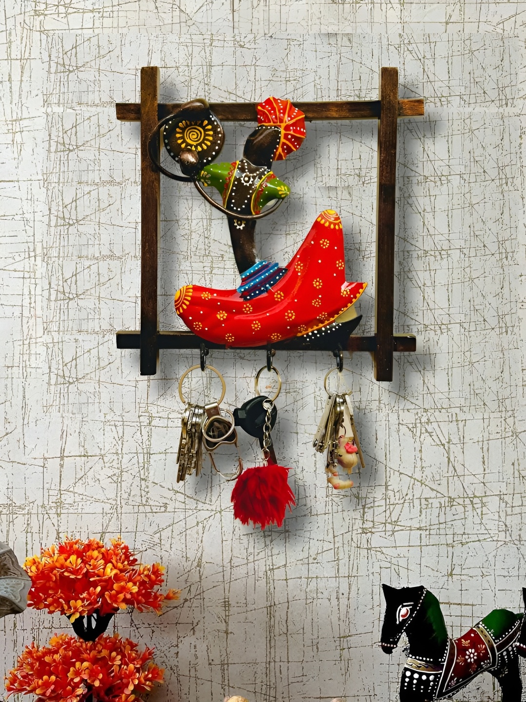 

PRANJALS HOUSE Brown & Red Textured 3 Hooks Metal Key Holder