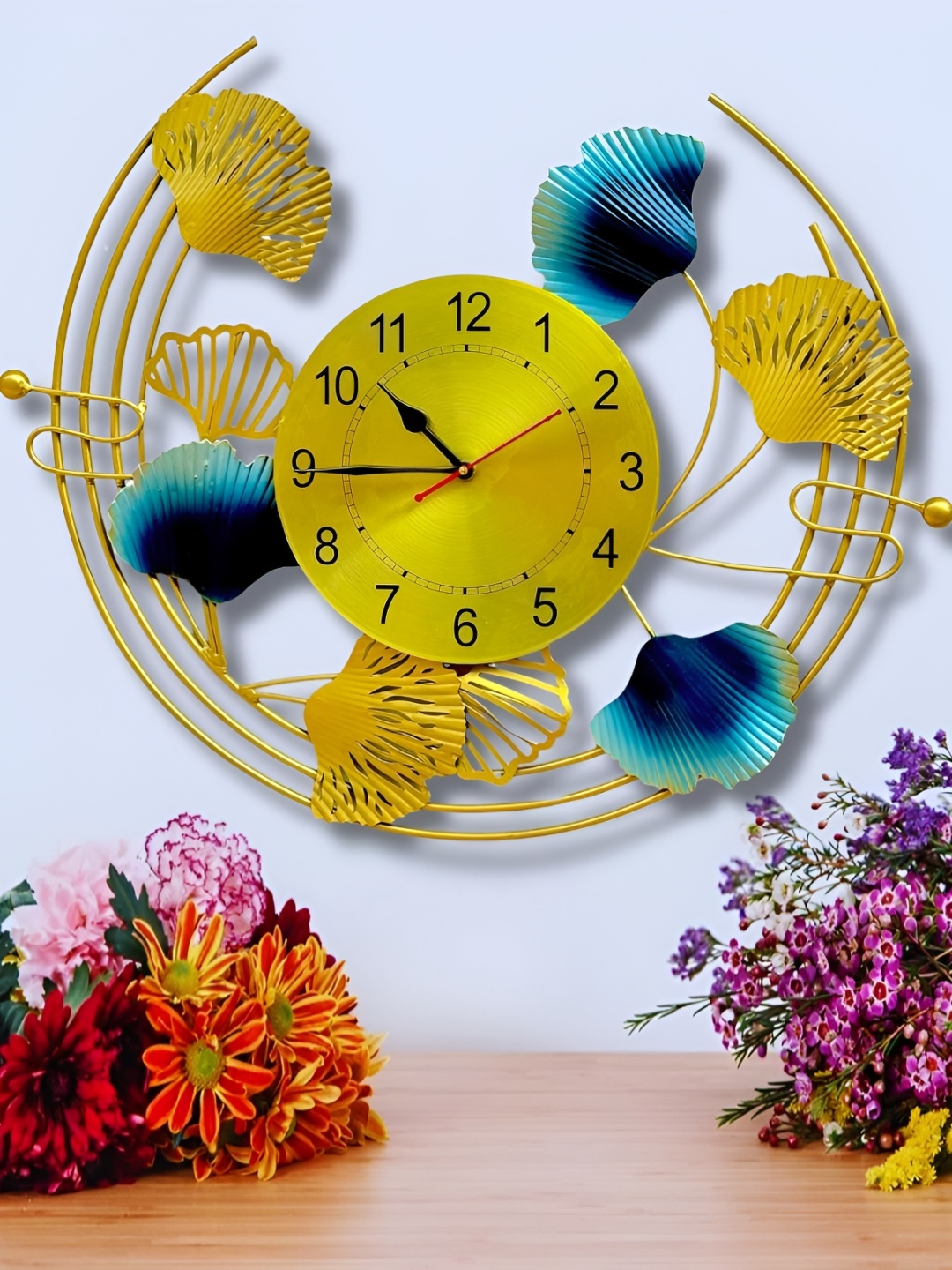 PRANJALS HOUSE Yellow & Blue Clock Metal Hanging Wall Decor, Gold