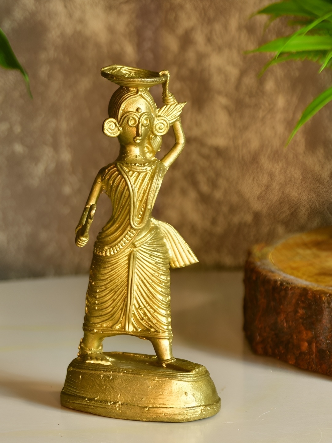 

SOWPEACE Gold Toned Dokra Farmer Lady with Sickle Brass Showpiece
