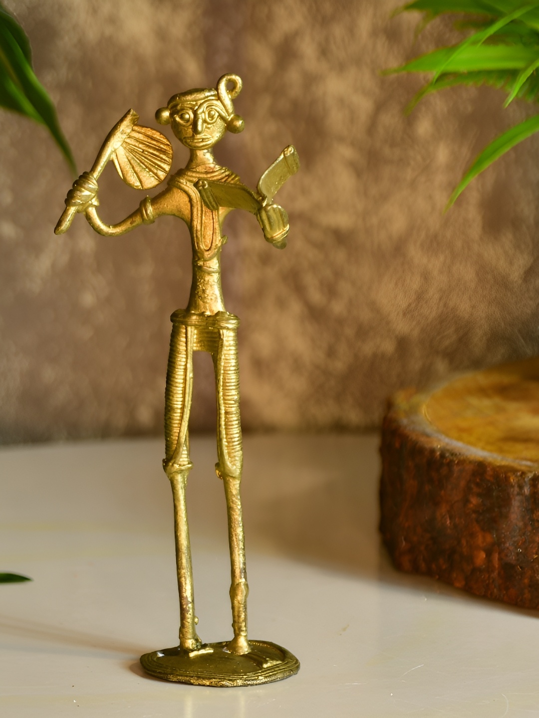 

SOWPEACE Beige Dokra Farmer Brass Figurine Showpiece, Gold