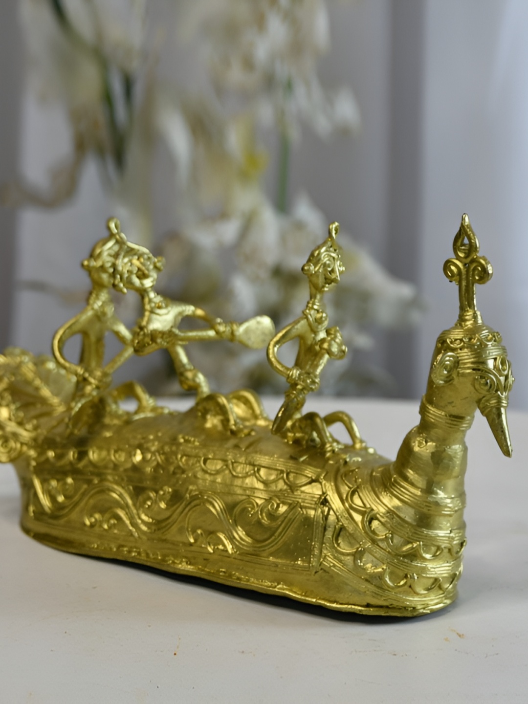 

SOWPEACE Gold Toned Textured Brass Dhokra boat of ancient times Showiece
