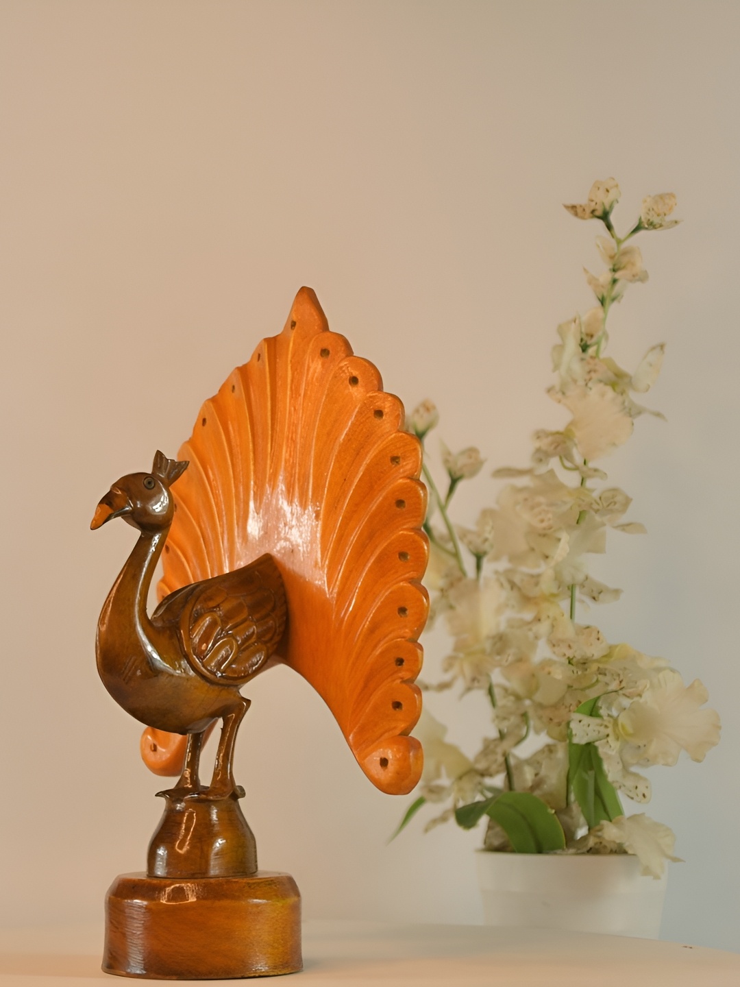 

SOWPEACE Brown Wooden Peacock Bicolor Showpieces