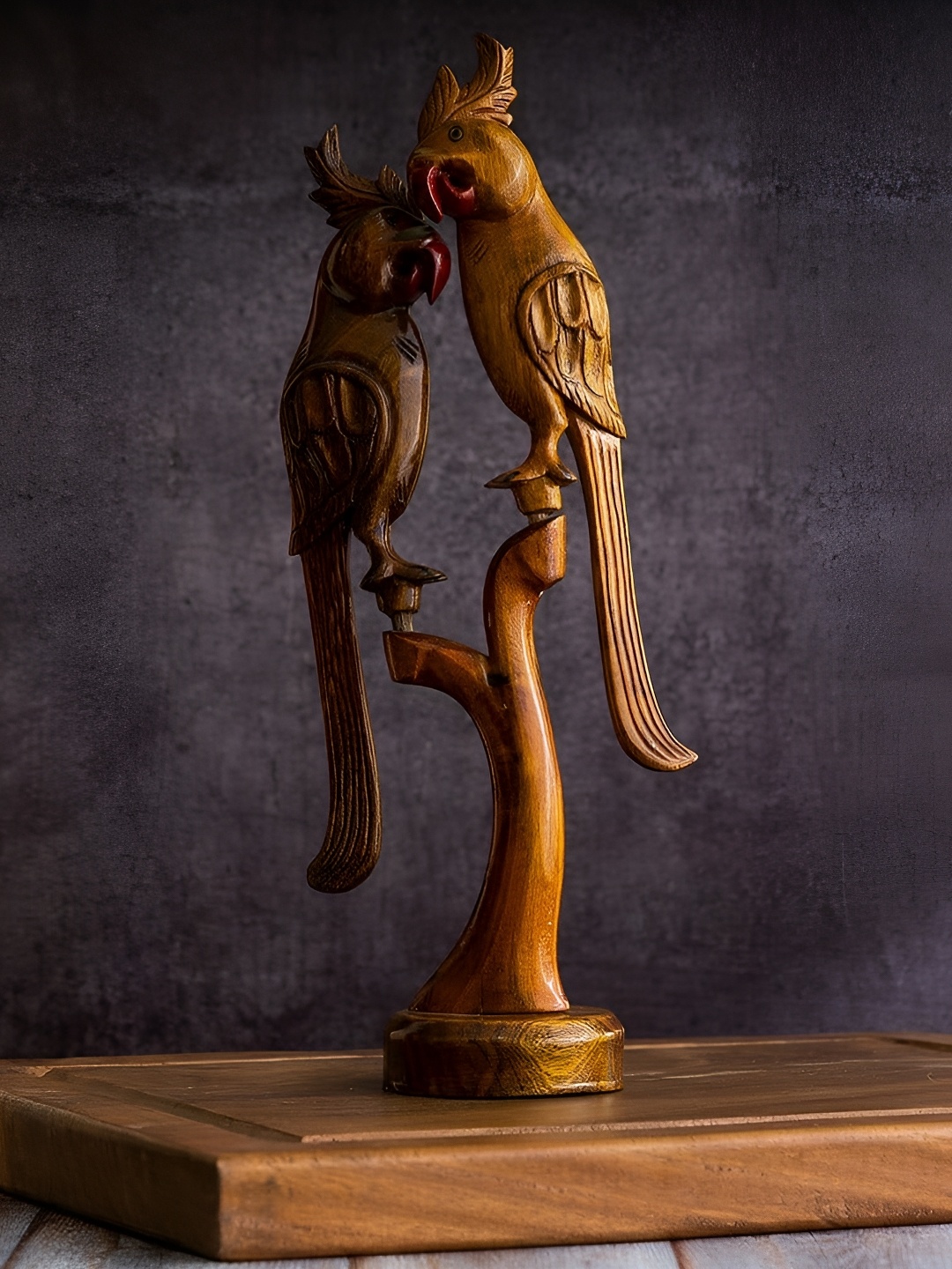 

SOWPEACE Brown Textured Wooden Figurine Parrot Set Showpiece