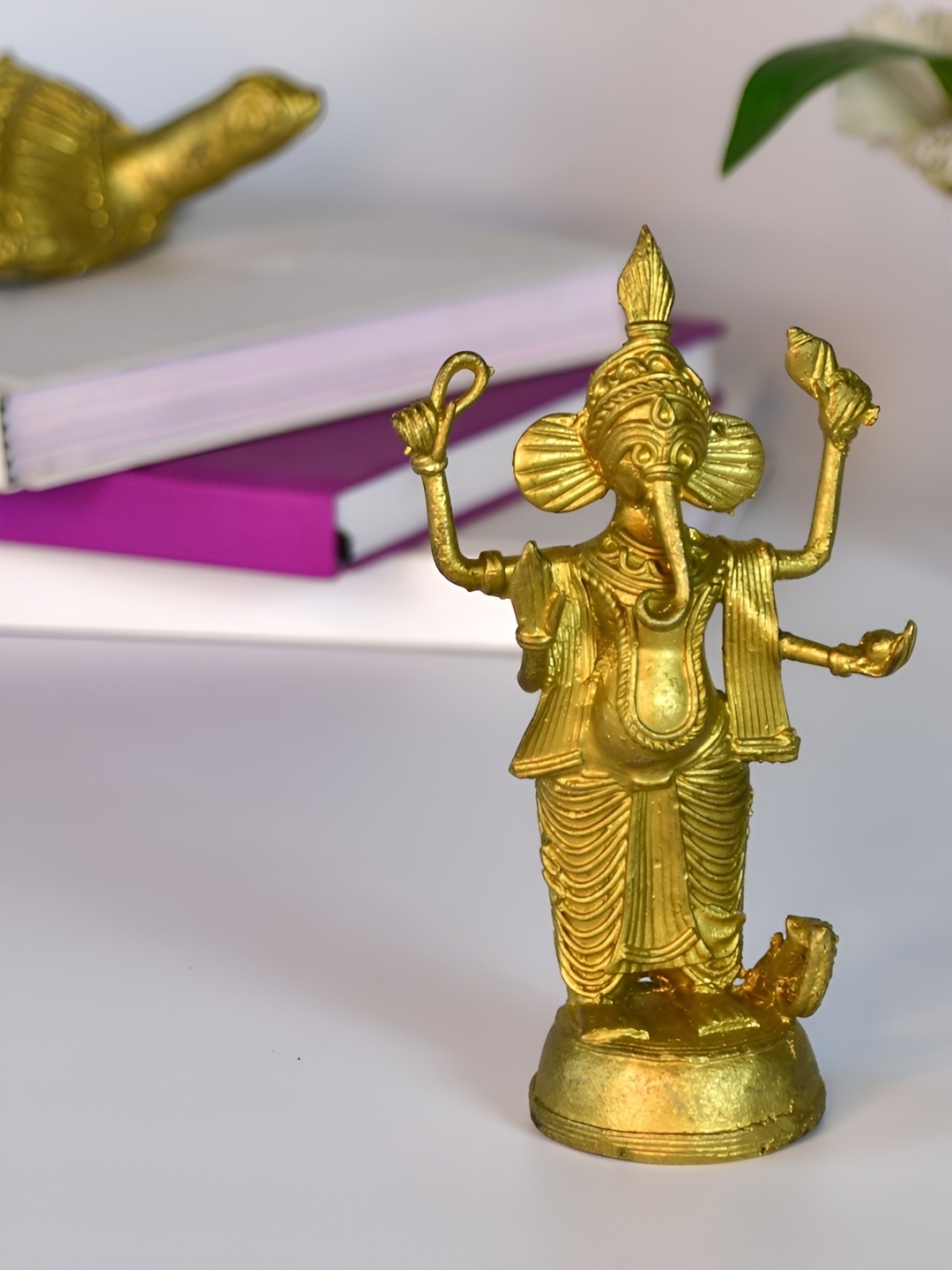 

SOWPEACE Gold Toned Brass Dokra Ganesh Figurine Showpiece