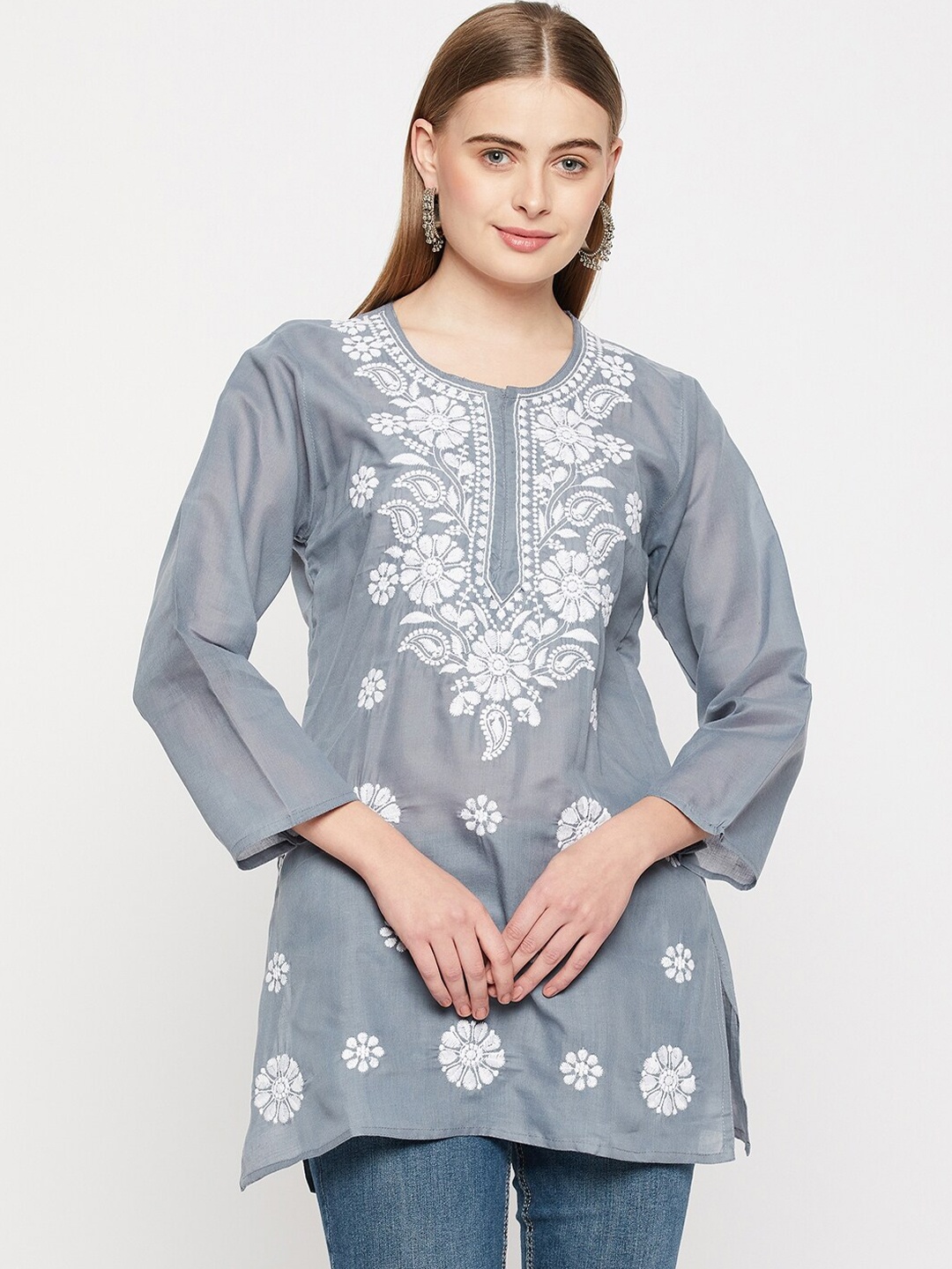 

TULIP 21 Floral Embroidered Chikankari Pure Cotton Chikankari Kurti, Grey