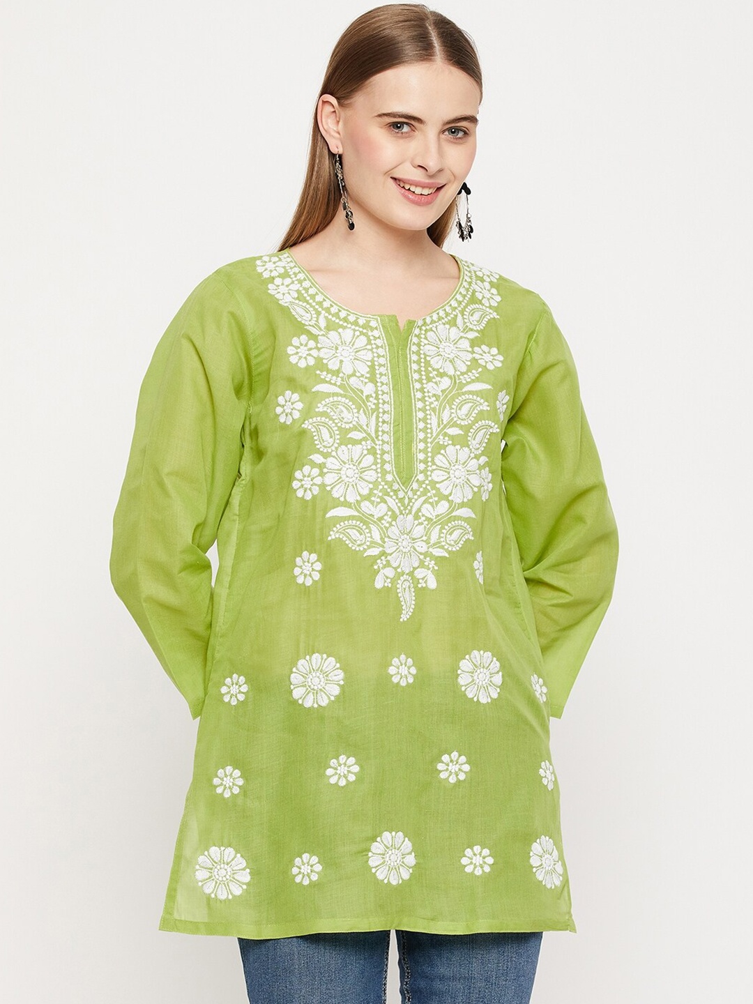 

TULIP 21 Floral Embroidered Chikankari Pure Cotton Chikankari Kurti, Lime green