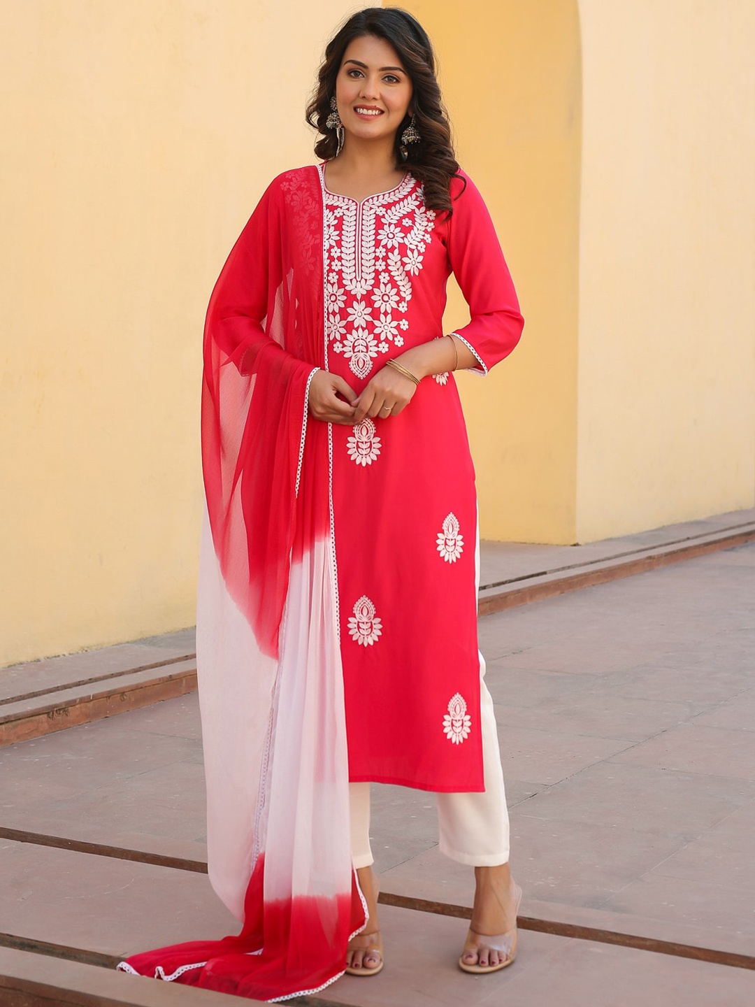 

KALINI Ethnic Motifs Embroidered Regular Thread Work Kurta With Trousers & Dupatta, Pink