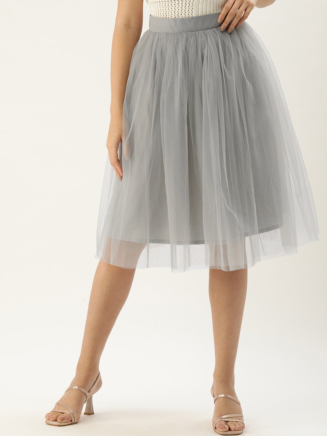 

ROVING MODE Flared Knee Length Net Skirt, Grey