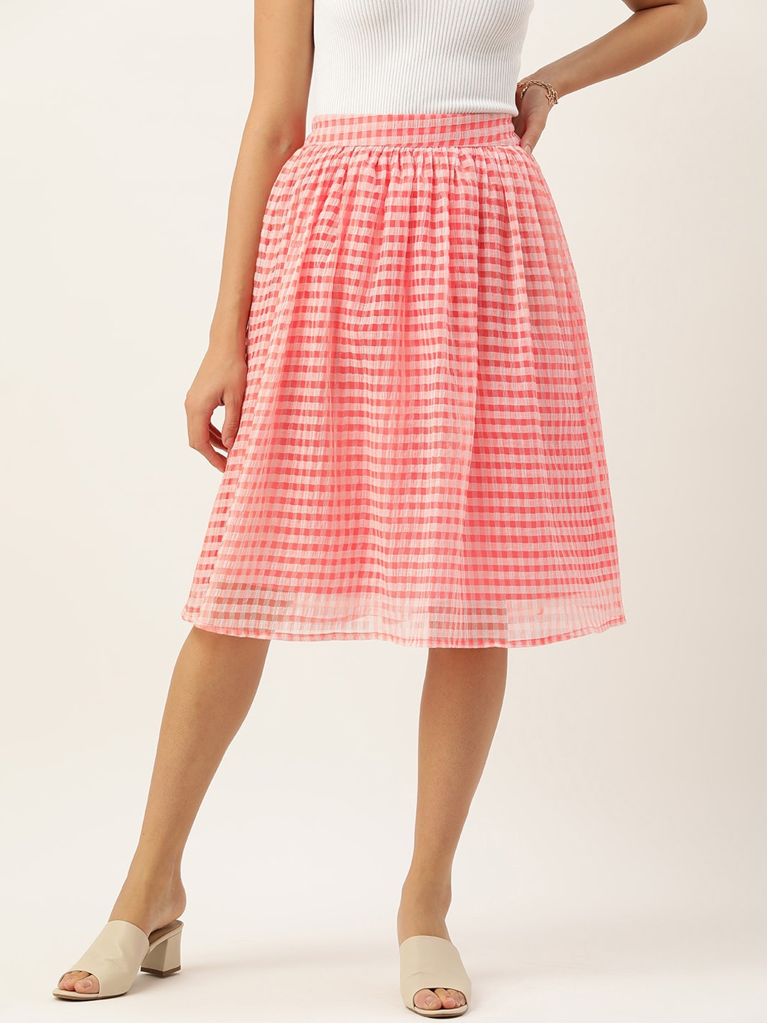 

ROVING MODE Checked Pleated Midi Skirt, Peach