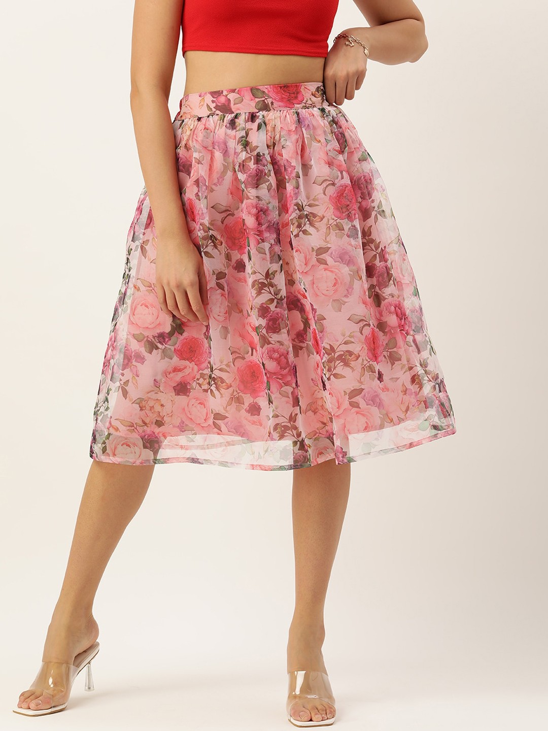 

Roving Mode Floral Printed Pleated Gathered or Pleated Organza Midi Skirt, Pink