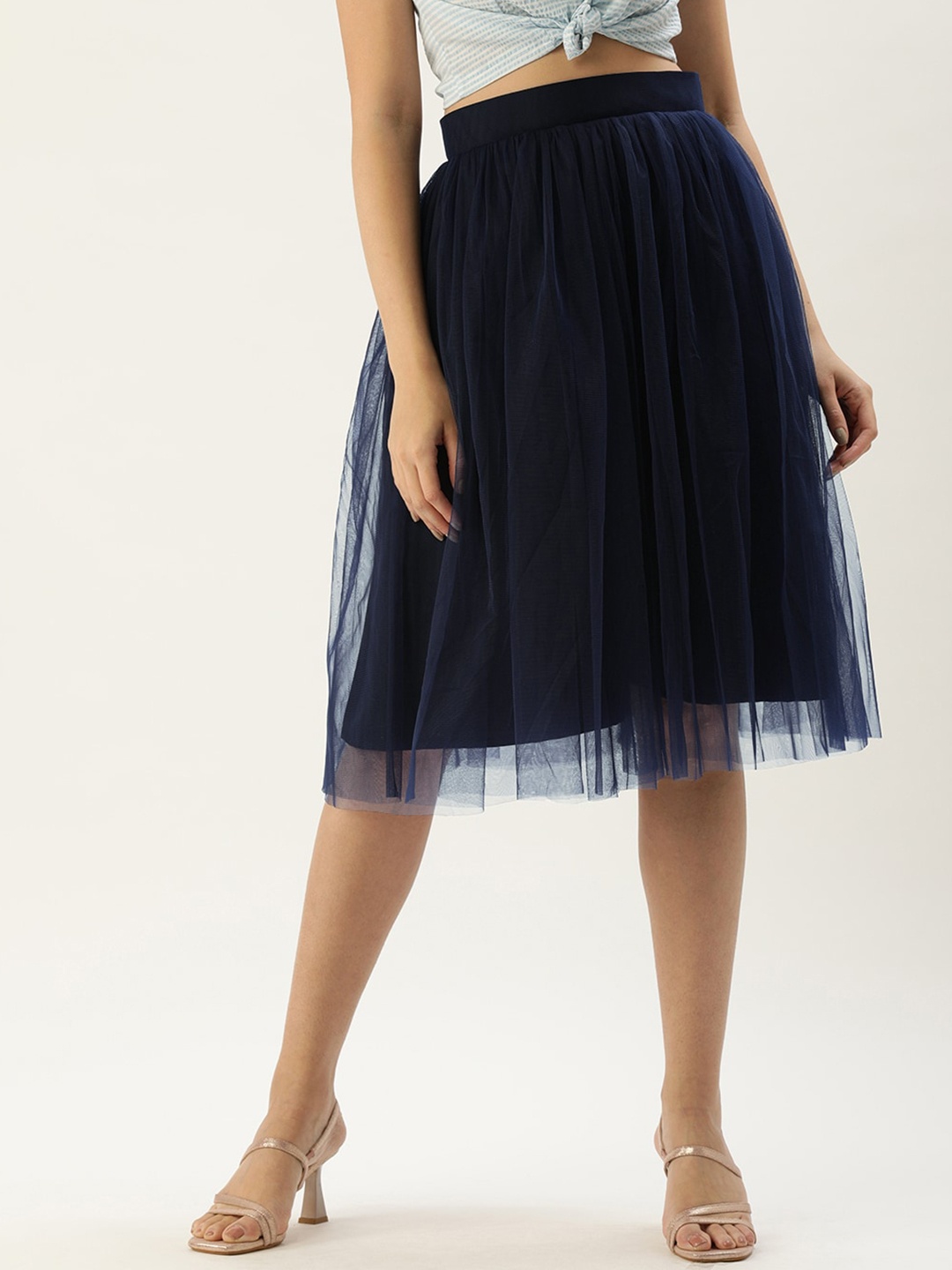 

ROVING MODE Flared Knee Length Net Skirt, Navy blue