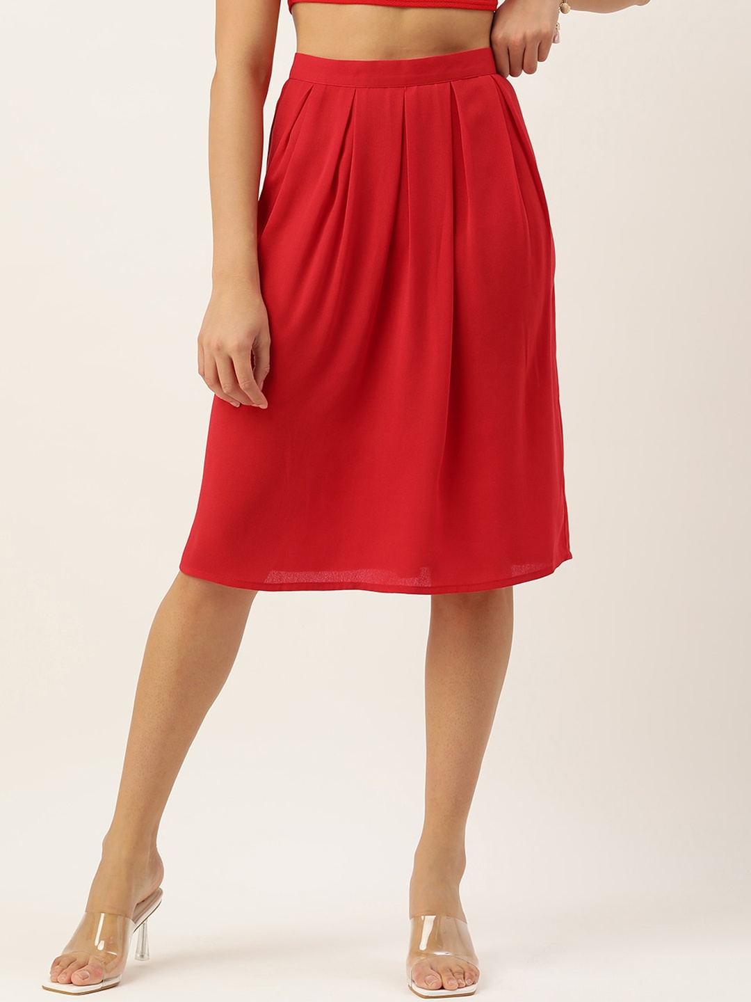 

Roving Mode Box Pleated Gathered or Pleated Midi Skirt, Red