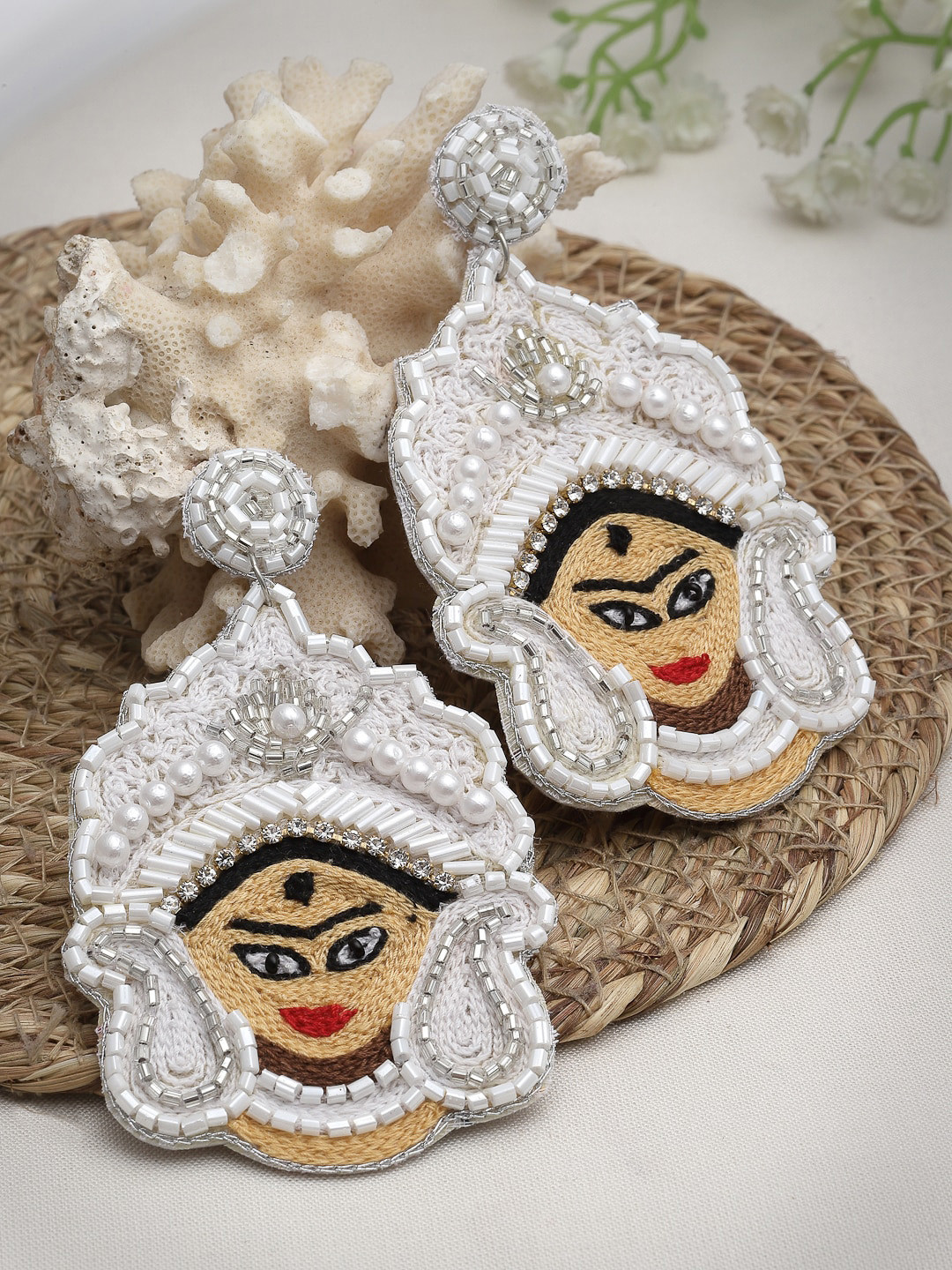 

Moedbuille Contemporary Temple Design Crystals Studded Durga God Drop Earrings, Off white