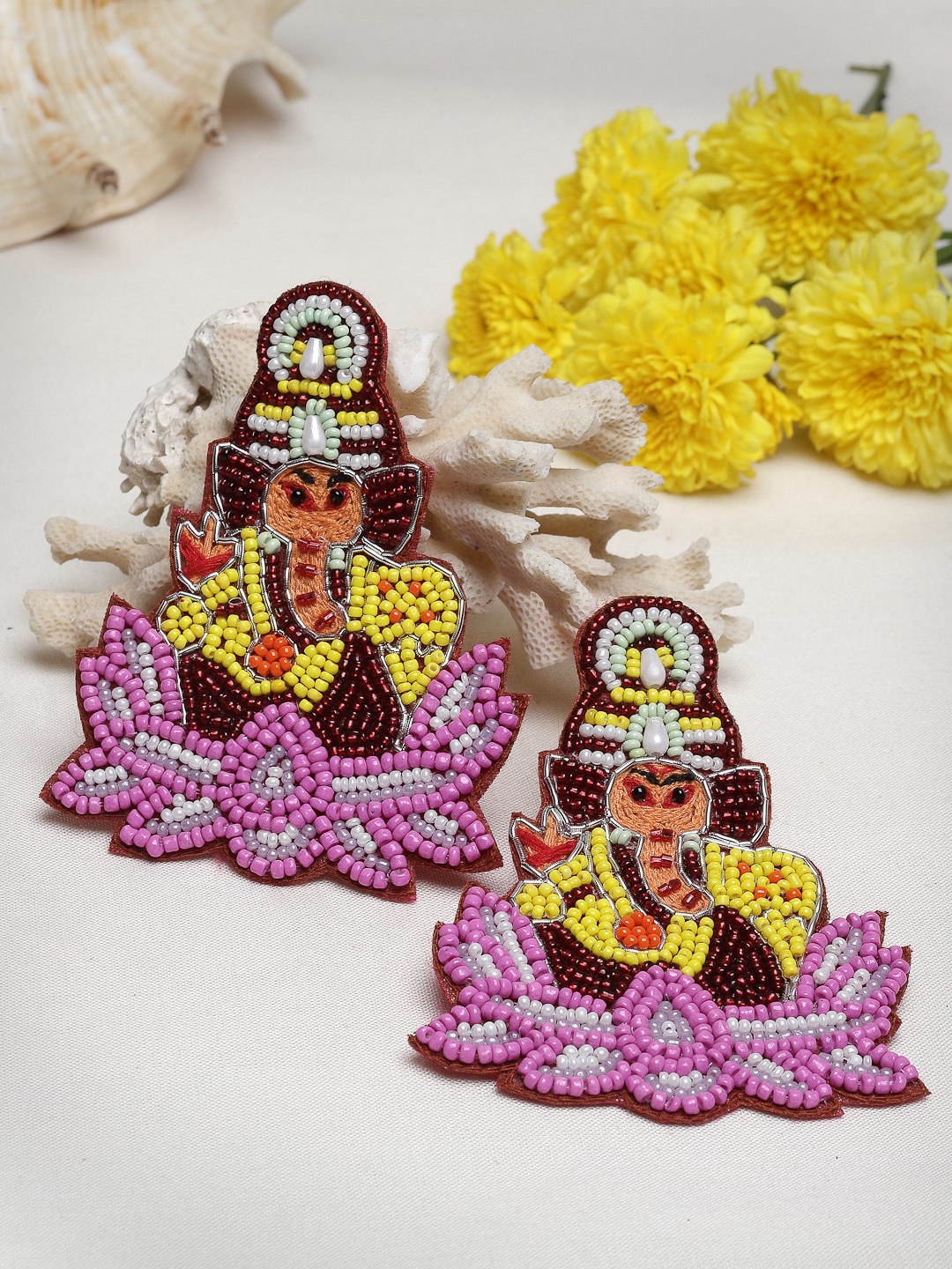 

Moedbuille Contemporary Beads Studded Ganesha & Lotus Drop Earrings, Brown