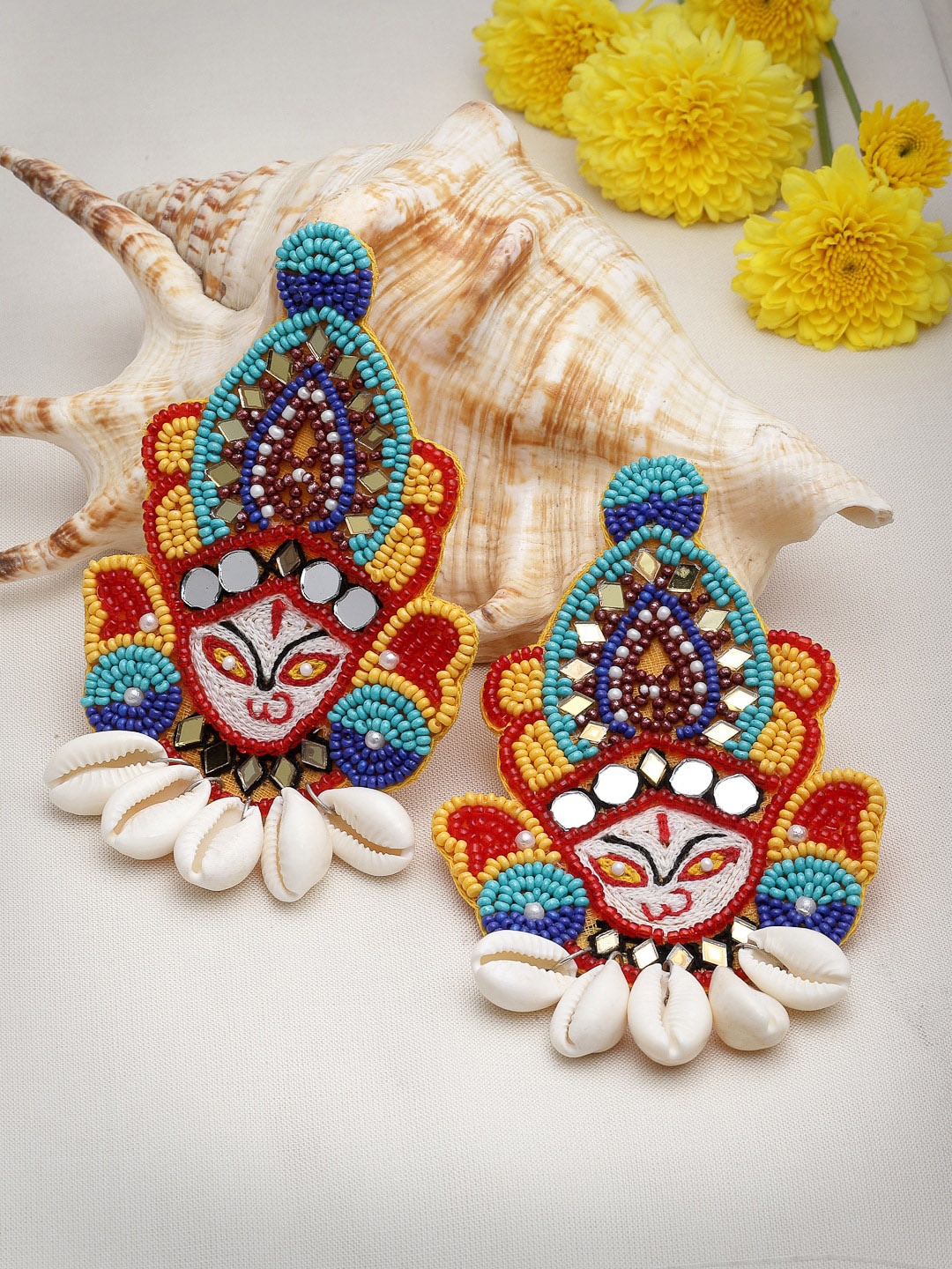 

Moedbuille Contemporary Beads Studded Durga God Drop Earrings, Blue
