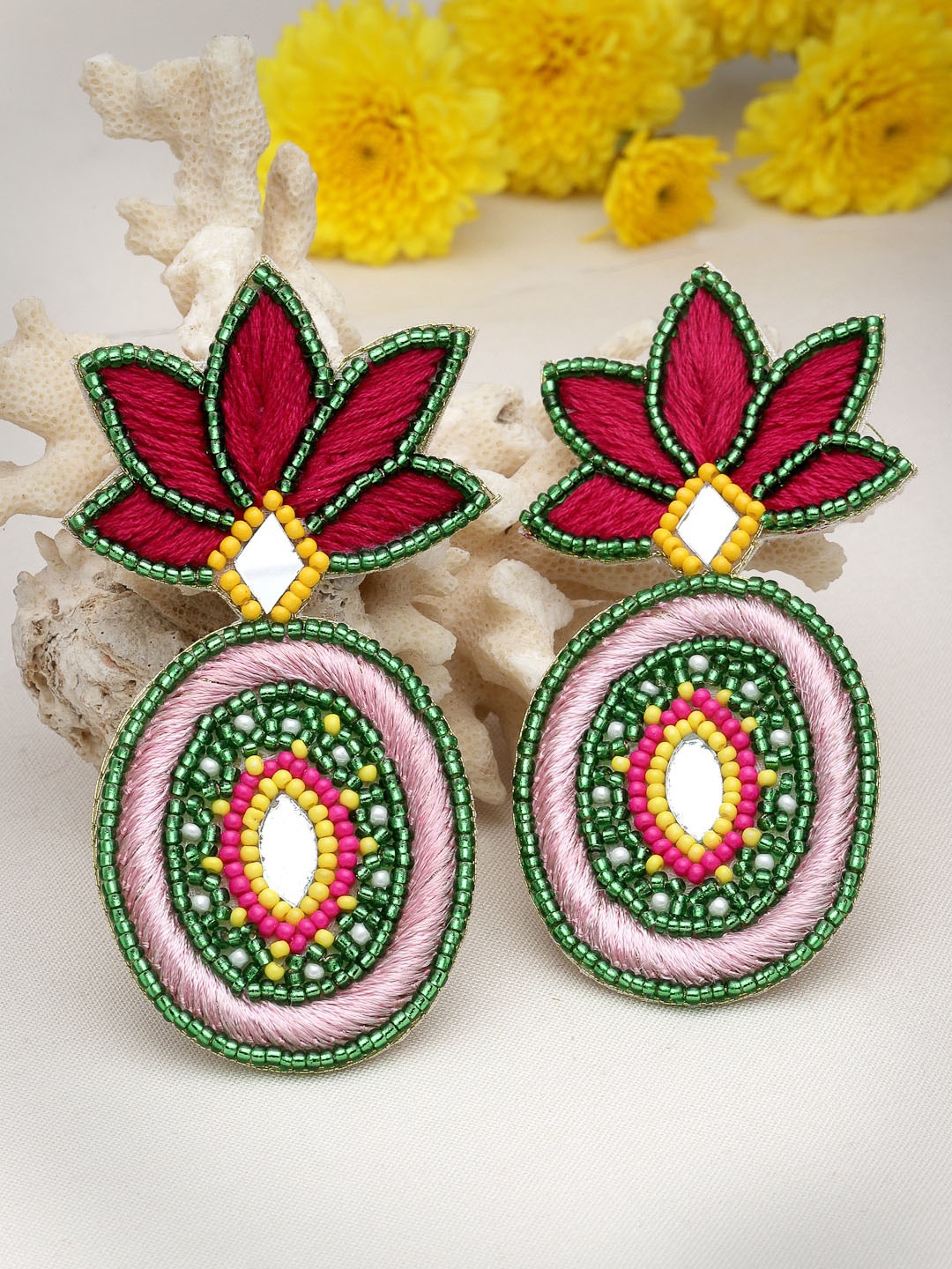 

Moedbuille Beads Beaded Floral Drop Earrings, Red