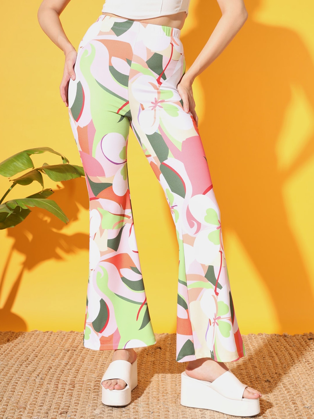 

BAESD Women Floral Printed Mid-Rise Original Bootcut Trousers, White