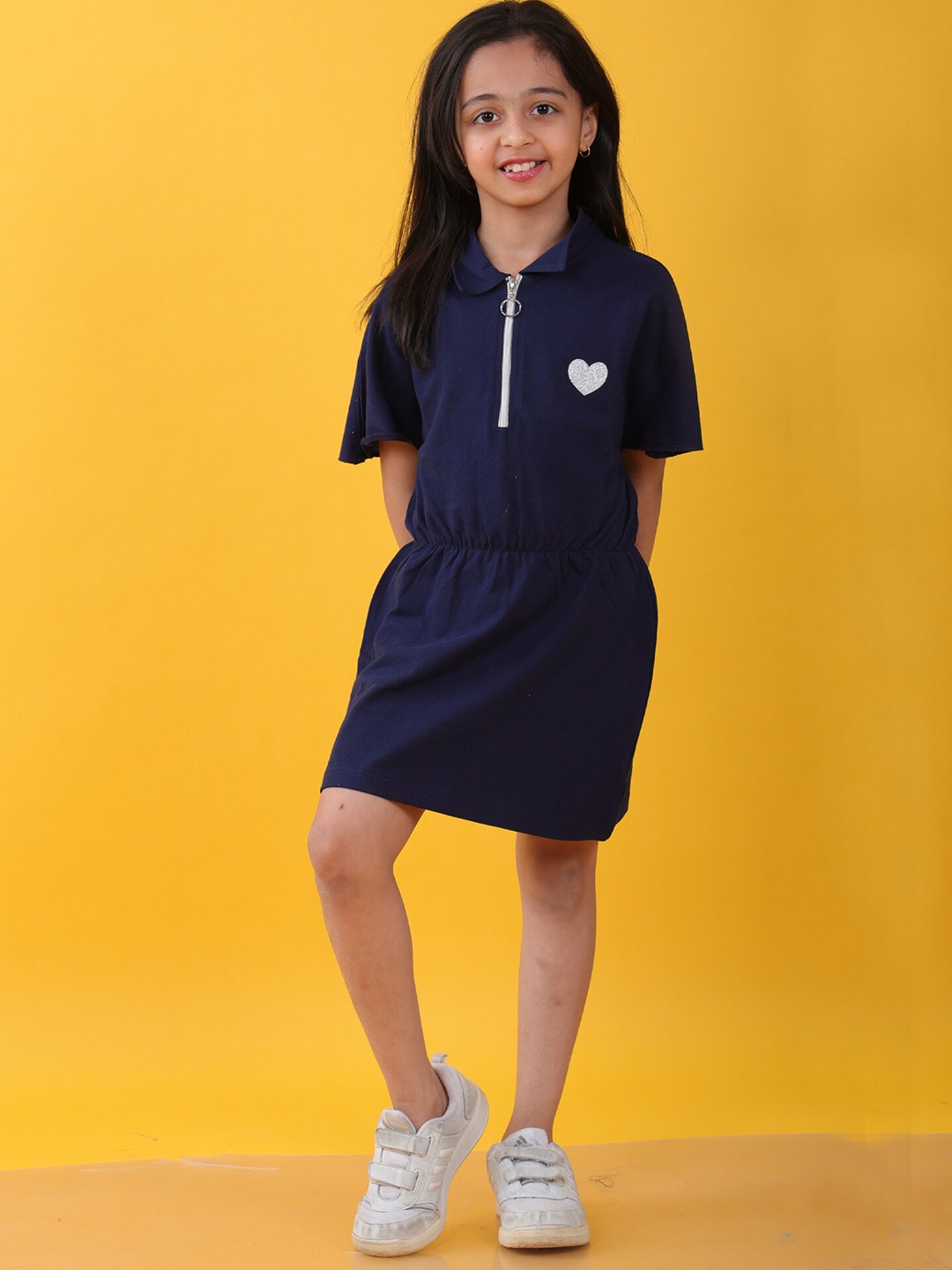 

Anthrilo Girls Manadrin Collar Flutter Sleeve Tshirt Dress, Navy blue