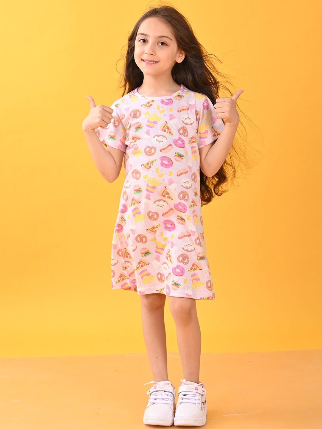 

Anthrilo Girls Conversational Printed Flutter Sleeve A-Line Dress, Pink