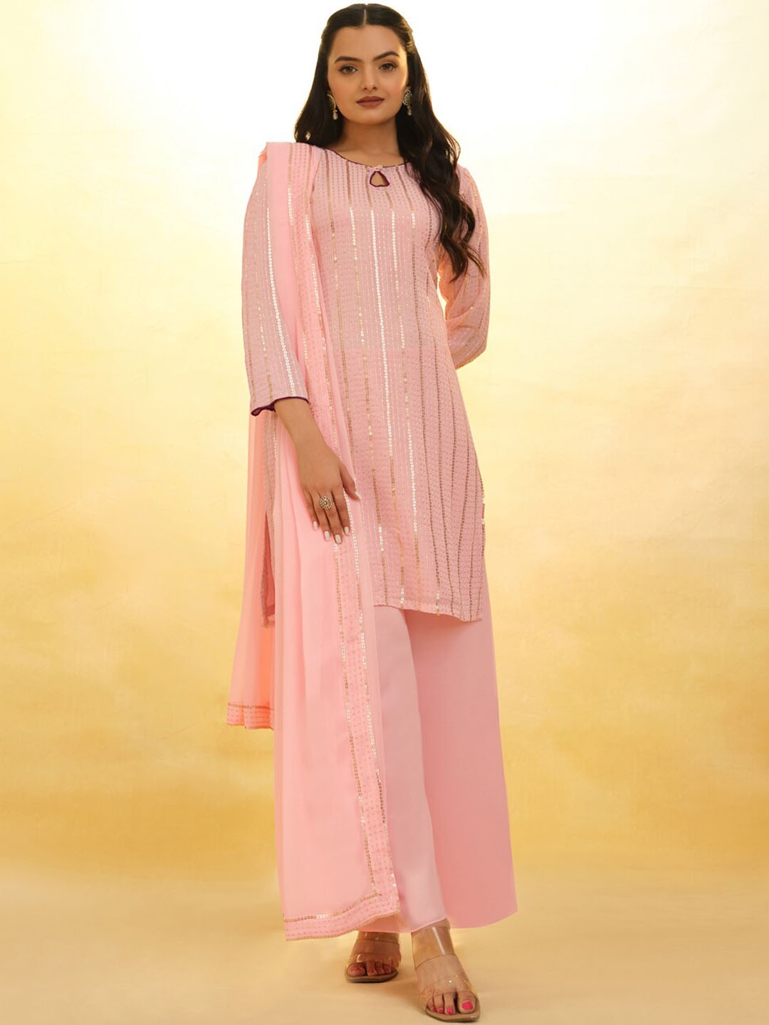 

Fusionic Embroidered Regular Sequinned Kurta With Palazzos & Dupatta, Peach