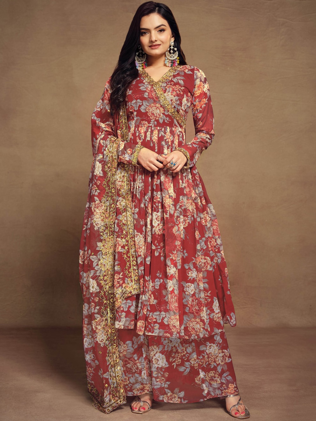 

Fusionic Women Floral Printed Angrakha Kurta With Palazzos & Dupatta, Red