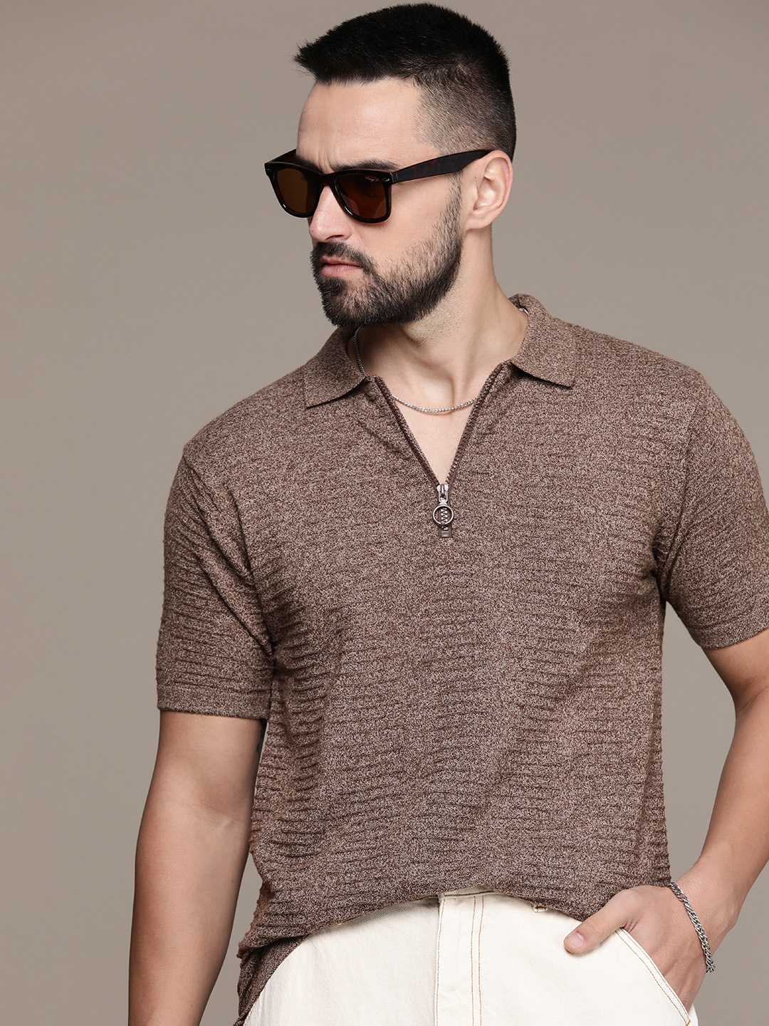 

Roadster Men Self Design Polo Collar T-shirt, Brown