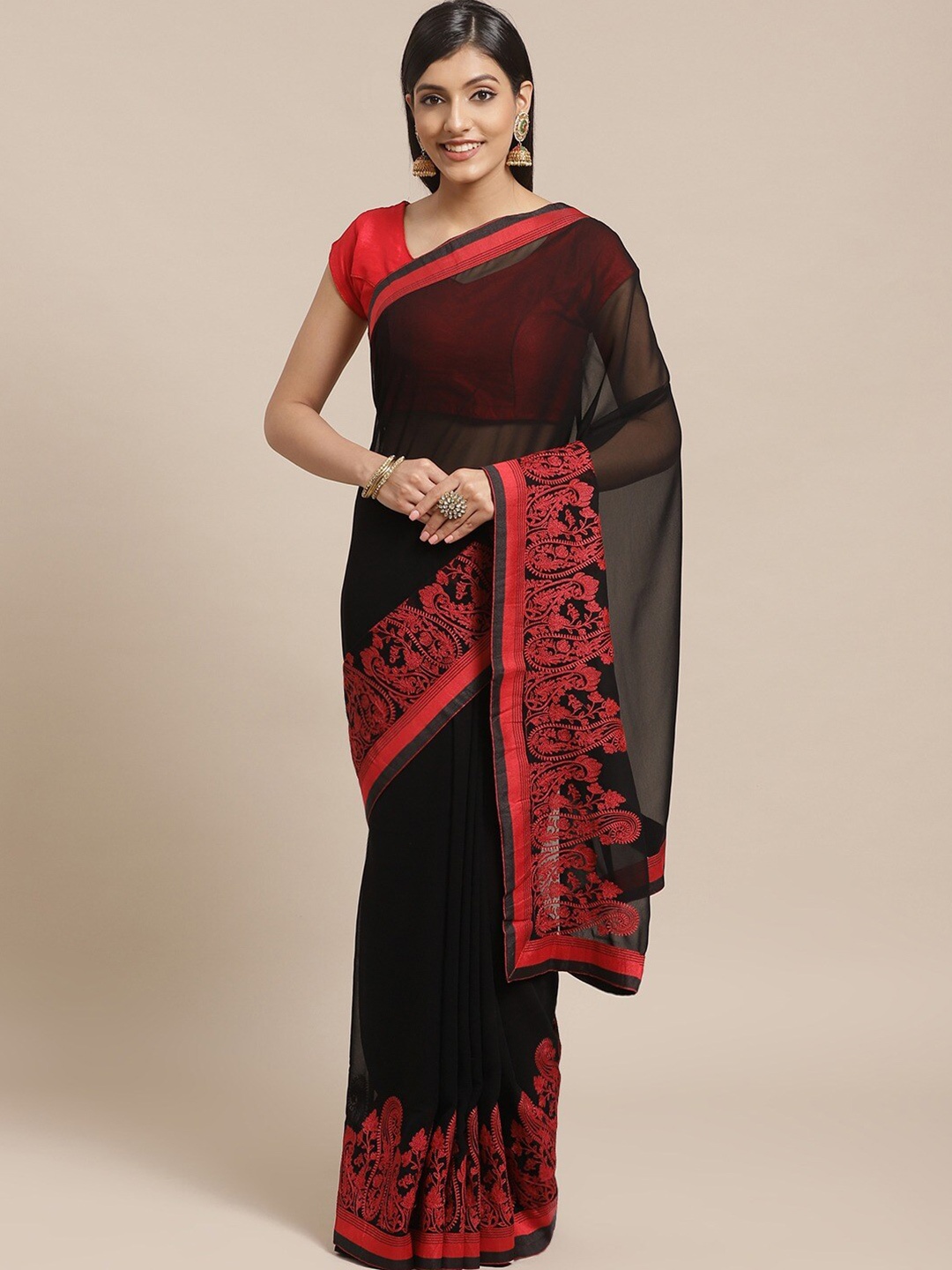 

Shaily Embroidered Bordered Saree, Black