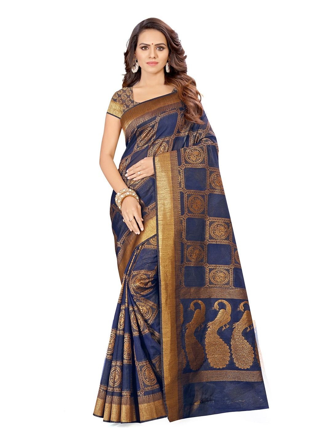 

Shaily Ethnic Motifs Woven Design Zari Kanjeevaram Saree, Navy blue