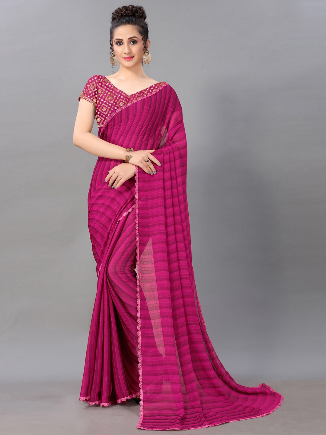 

Shaily Striped Sequinned Saree, Pink